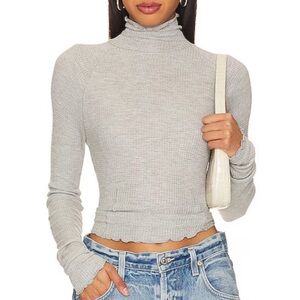 Intimately Free People Gray Make It Easy Mock Neck Lettuce Hem Thermal Top